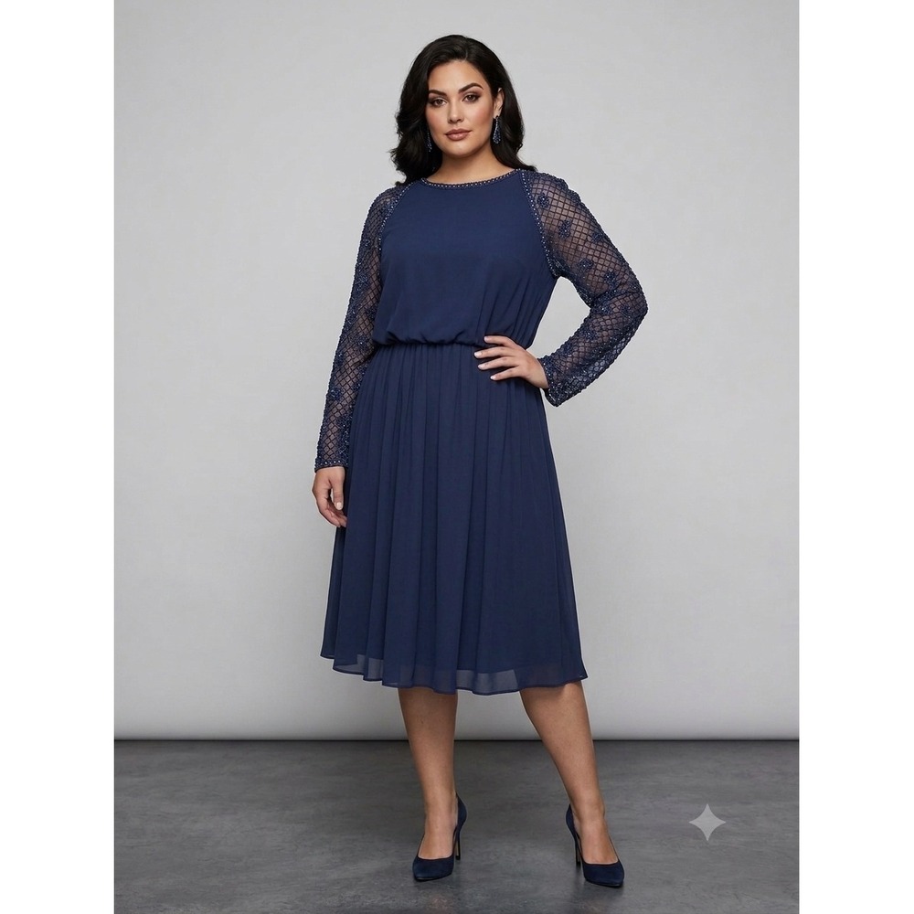 Victoria Royal Vintage Navy Blue Beaded Sequin Mesh Sleeve Midi Dress L XL